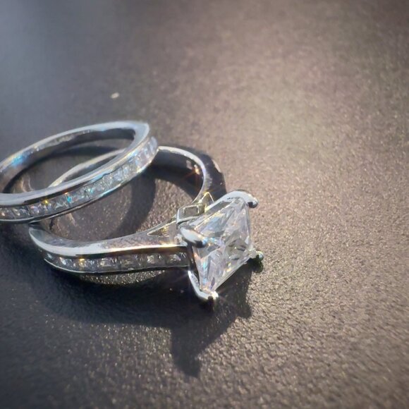 2 PC Wedding Set With Princess Cut CZ Engagement & Eternity Band Ring In Sterlin - Picture 3 of 8